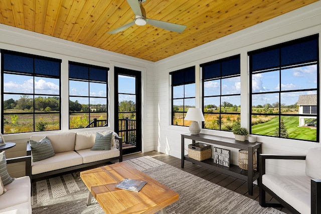 sunroom with ceiling fan, wooden ceiling, and a wealth of natural light