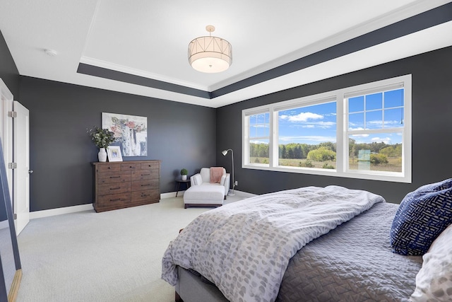 carpeted bedroom with a tray ceiling and crown molding