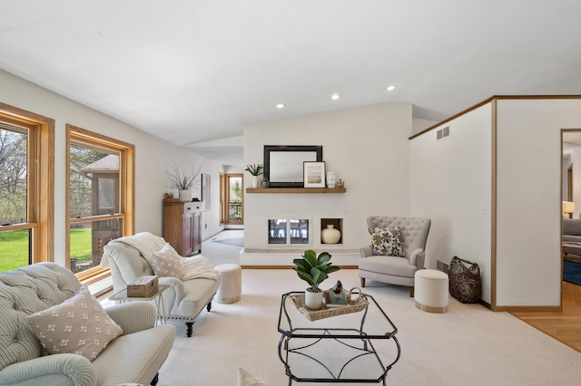 living room with recessed lighting, baseboards, carpet floors, and vaulted ceiling