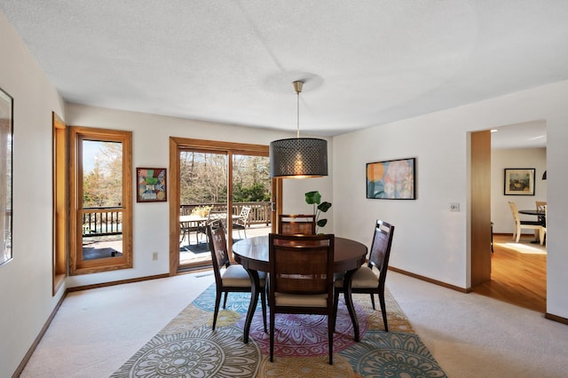 dining room featuring baseboards, a textured ceiling, and light colored carpet
