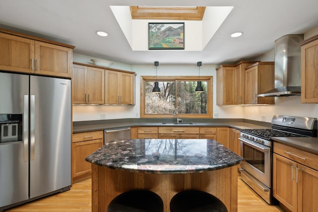 kitchen featuring wall chimney range hood, stainless steel appliances, a sink, and light wood-type flooring