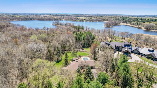 drone / aerial view with a water view and a forest view