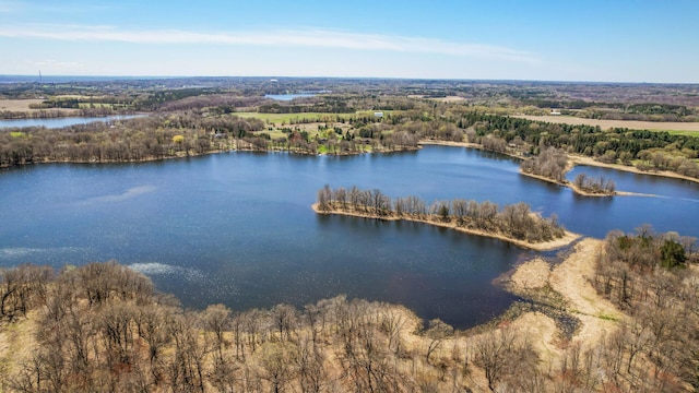 bird's eye view with a water view and a forest view