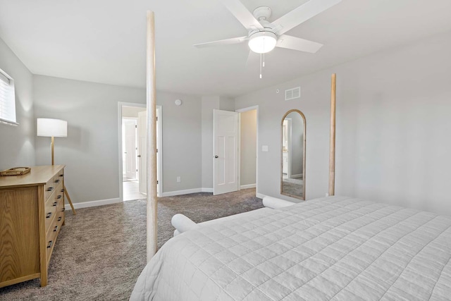 bedroom featuring ceiling fan and light colored carpet