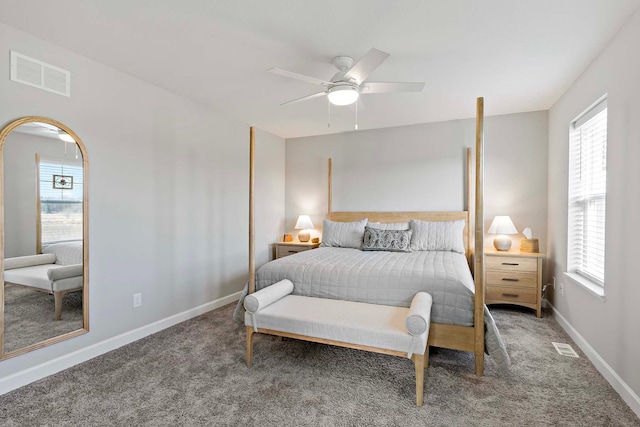 bedroom with ceiling fan and carpet flooring