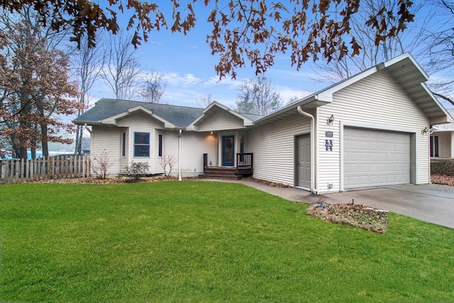 ranch-style home with a garage and a front lawn