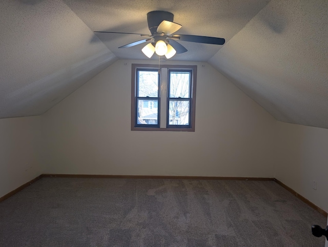 additional living space with vaulted ceiling, a textured ceiling, and carpet