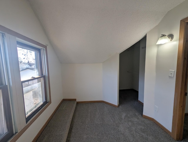 additional living space featuring vaulted ceiling, a textured ceiling, and dark colored carpet