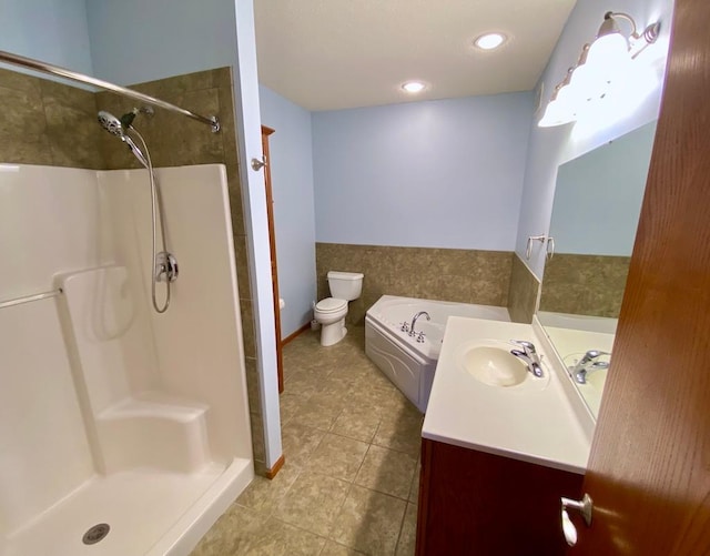 full bathroom featuring toilet, vanity, and independent shower and bath