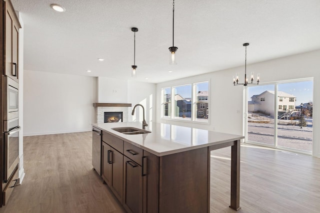 kitchen featuring appliances with stainless steel finishes, light wood-type flooring, a kitchen island with sink, sink, and pendant lighting