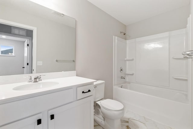 full bathroom featuring shower / washtub combination, vanity, and toilet