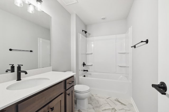 full bathroom featuring vanity, shower / bath combination, and toilet