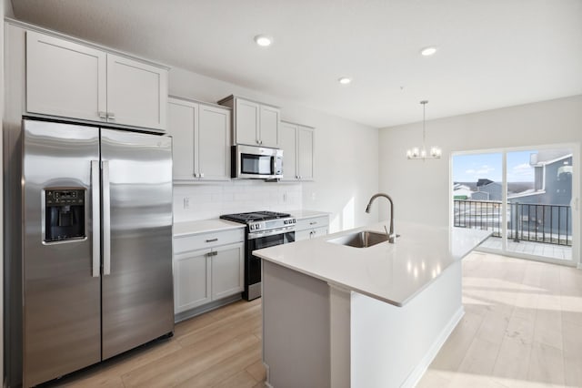 kitchen with backsplash, stainless steel appliances, a kitchen island with sink, sink, and decorative light fixtures