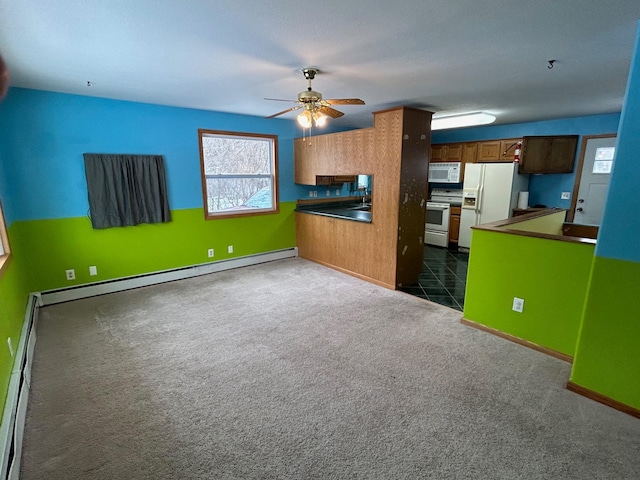 unfurnished living room featuring ceiling fan, dark carpet, and a baseboard radiator