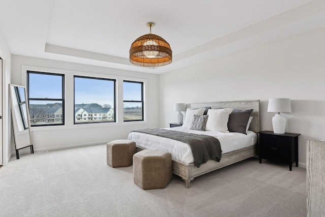 carpeted bedroom featuring a raised ceiling