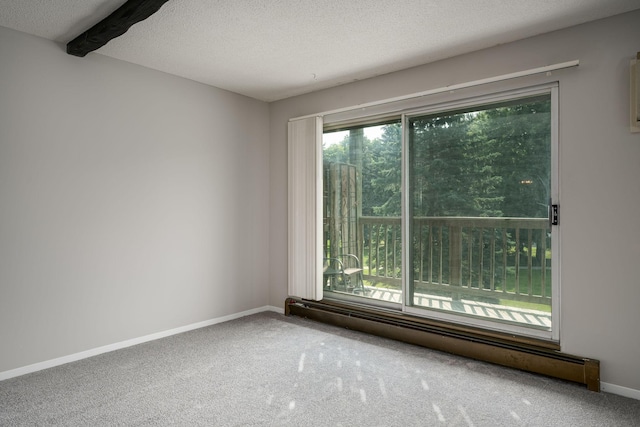 empty room featuring carpet, a textured ceiling, and a baseboard radiator