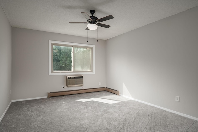 carpeted empty room featuring ceiling fan, a textured ceiling, a baseboard radiator, and a wall mounted AC