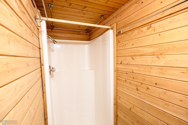 bathroom featuring wood ceiling and wood walls