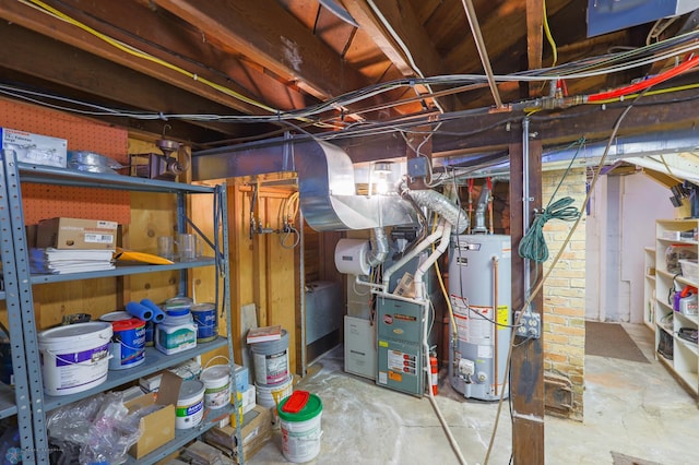 basement with heating unit and water heater