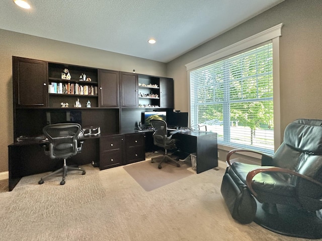 carpeted office with a textured ceiling