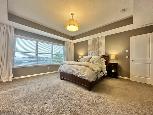 bedroom with a raised ceiling and carpet flooring