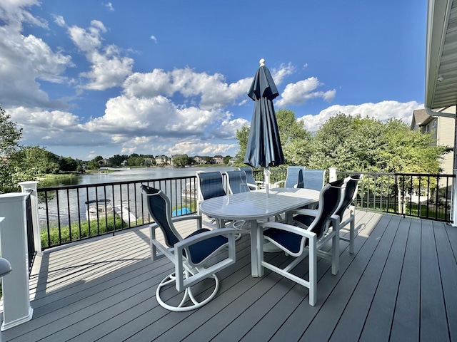 wooden deck featuring a water view