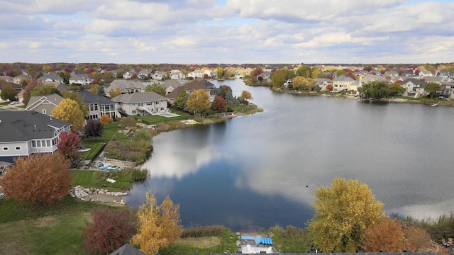 drone / aerial view with a water view and a residential view