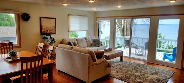 living room featuring dark wood-type flooring and a textured ceiling