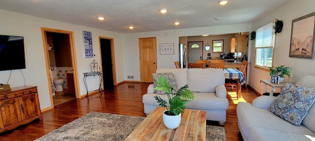 living room with dark wood-type flooring