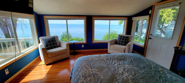 sunroom with a healthy amount of sunlight, a water view, and lofted ceiling