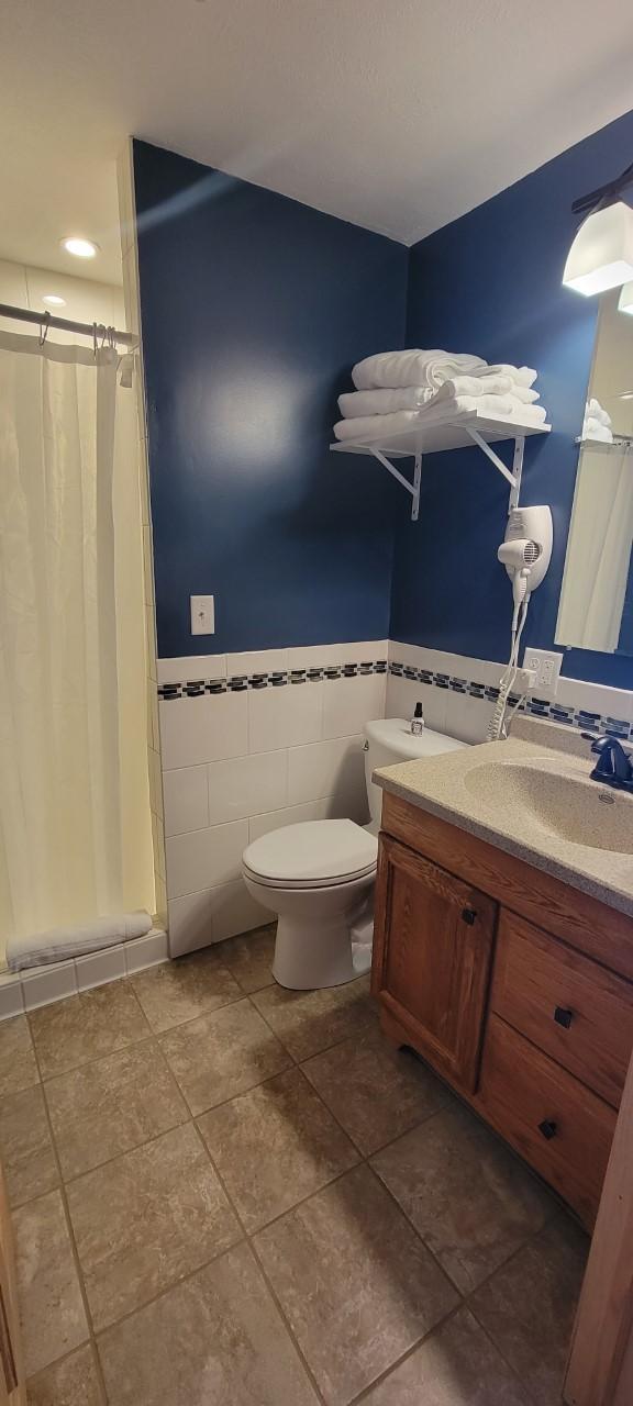 bathroom with vanity, curtained shower, toilet, and tile walls