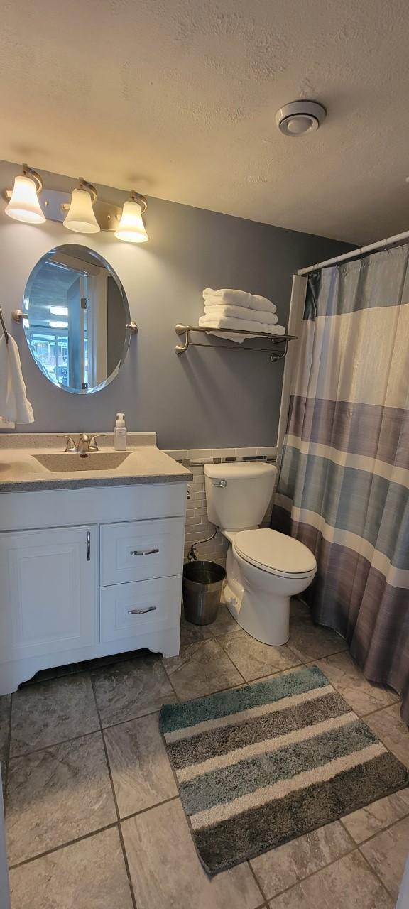 bathroom featuring vanity, a shower with shower curtain, a textured ceiling, and toilet