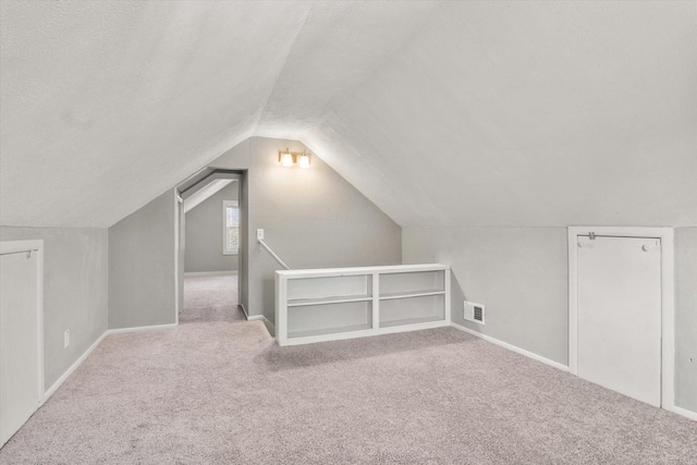 additional living space with a textured ceiling, light colored carpet, and vaulted ceiling