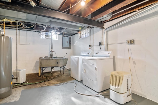 laundry room with sink, electric panel, separate washer and dryer, and water heater