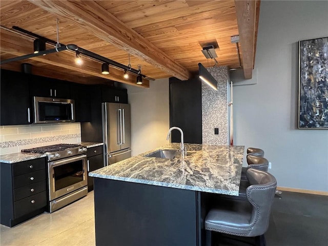 kitchen with kitchen peninsula, decorative backsplash, appliances with stainless steel finishes, wood ceiling, and a breakfast bar area