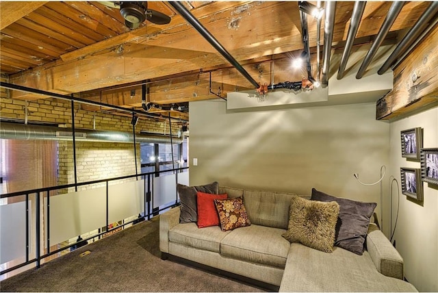 basement with carpet and wooden ceiling