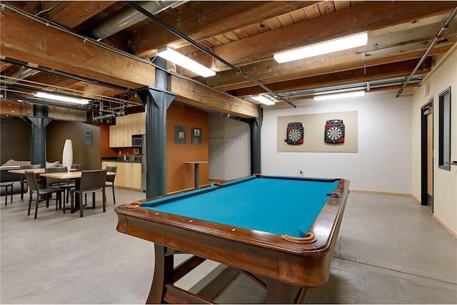 playroom featuring wooden ceiling, concrete flooring, and billiards