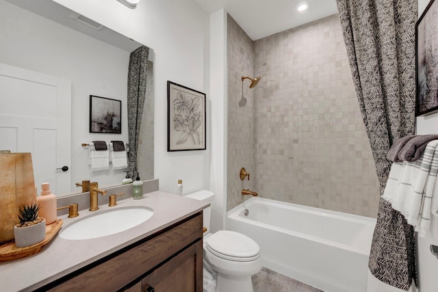 full bathroom with vanity, toilet, and shower / bathtub combination with curtain