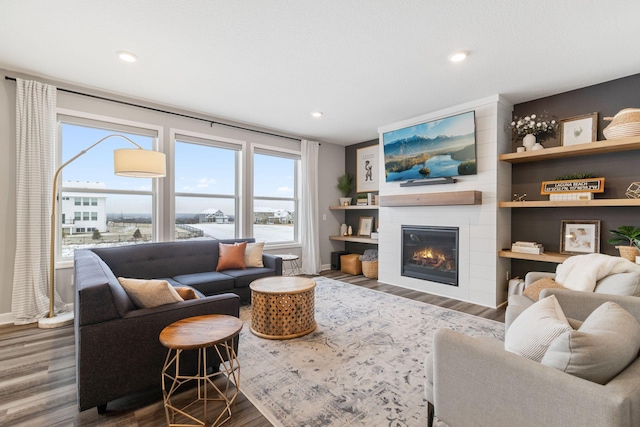 living room featuring dark hardwood / wood-style floors and a fireplace