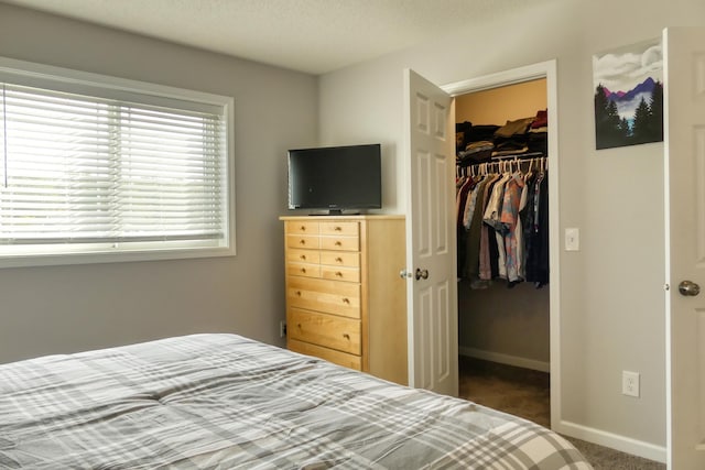 bedroom featuring dark carpet, a spacious closet, and a closet