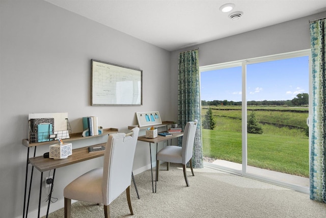 carpeted home office featuring a rural view