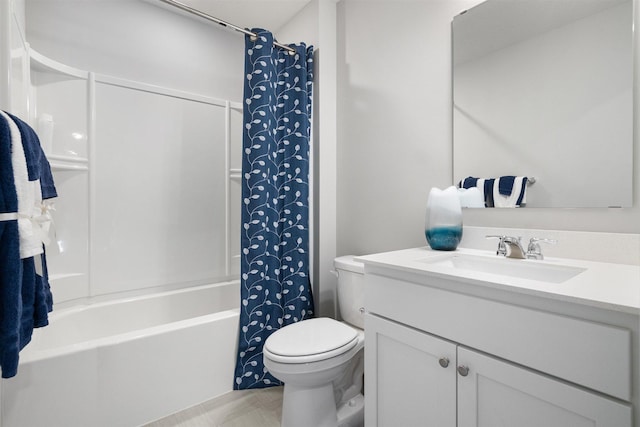 full bathroom with shower / bath combination with curtain, vanity, and toilet