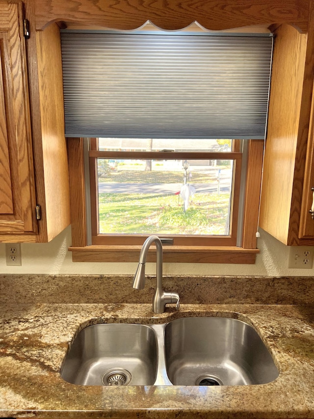 room details with dark stone countertops and sink