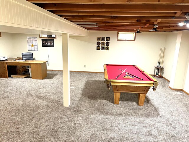 rec room featuring carpet floors and pool table