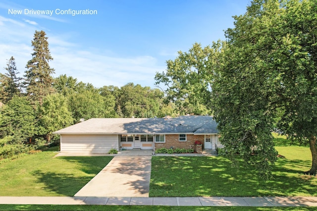 single story home with a porch and a front lawn