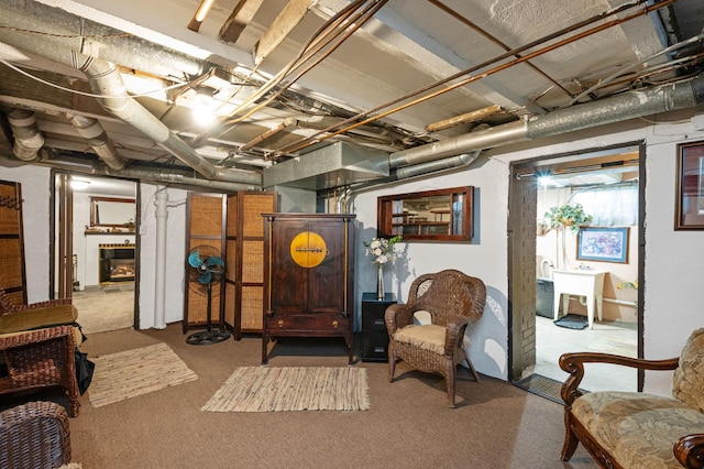 basement featuring carpet flooring