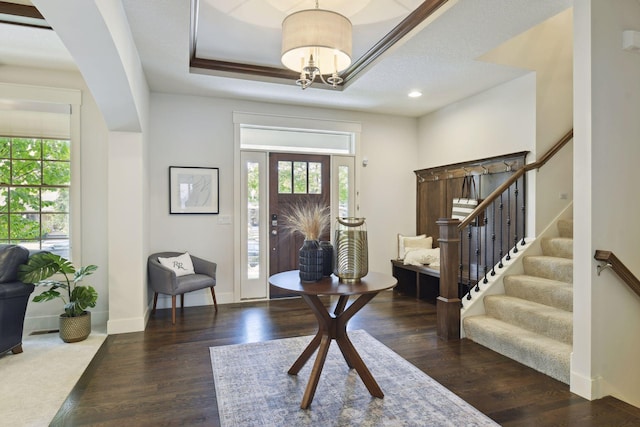 entryway featuring a healthy amount of sunlight, dark hardwood / wood-style flooring, and a raised ceiling