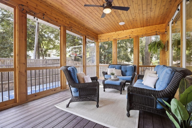 sunroom / solarium featuring ceiling fan and wood ceiling