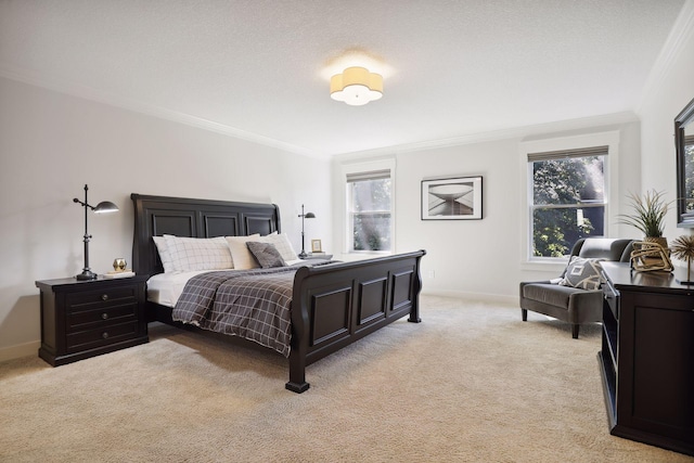 bedroom featuring light carpet, crown molding, and multiple windows