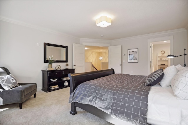 carpeted bedroom with ornamental molding